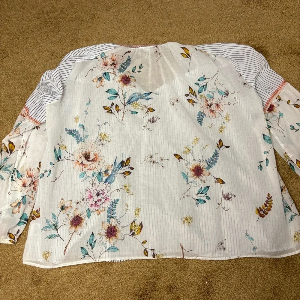 Johnny Was Workshop Effortless Puff Sleeve Peasant Blouse Tassel Scarf Mix Sz S